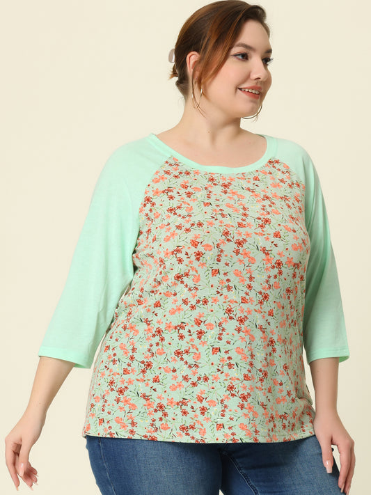 Women's Plus Size Raglan Crewneck 3/4 Sleeve Tunic Tee Shirt Floral Print T-Shirt Casual Top