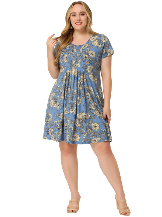 Women Plus Size Short Sleeves Pleated Summer Casual Loose Floral Dress