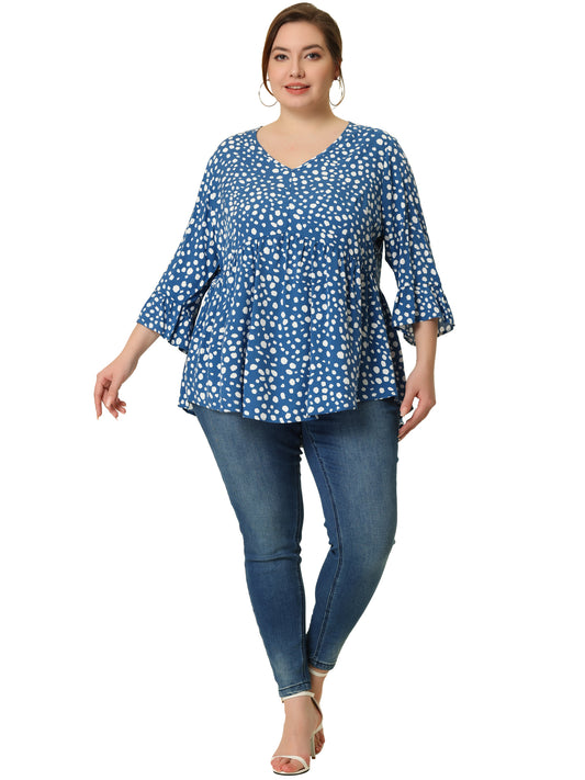 Women Plus Size Polka Dots Blouses V Neck 3/4 Ruffle Sleeve Peplum Top