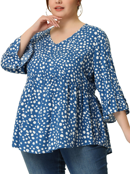 Women Plus Size Polka Dots Blouses V Neck 3/4 Ruffle Sleeve Peplum Top