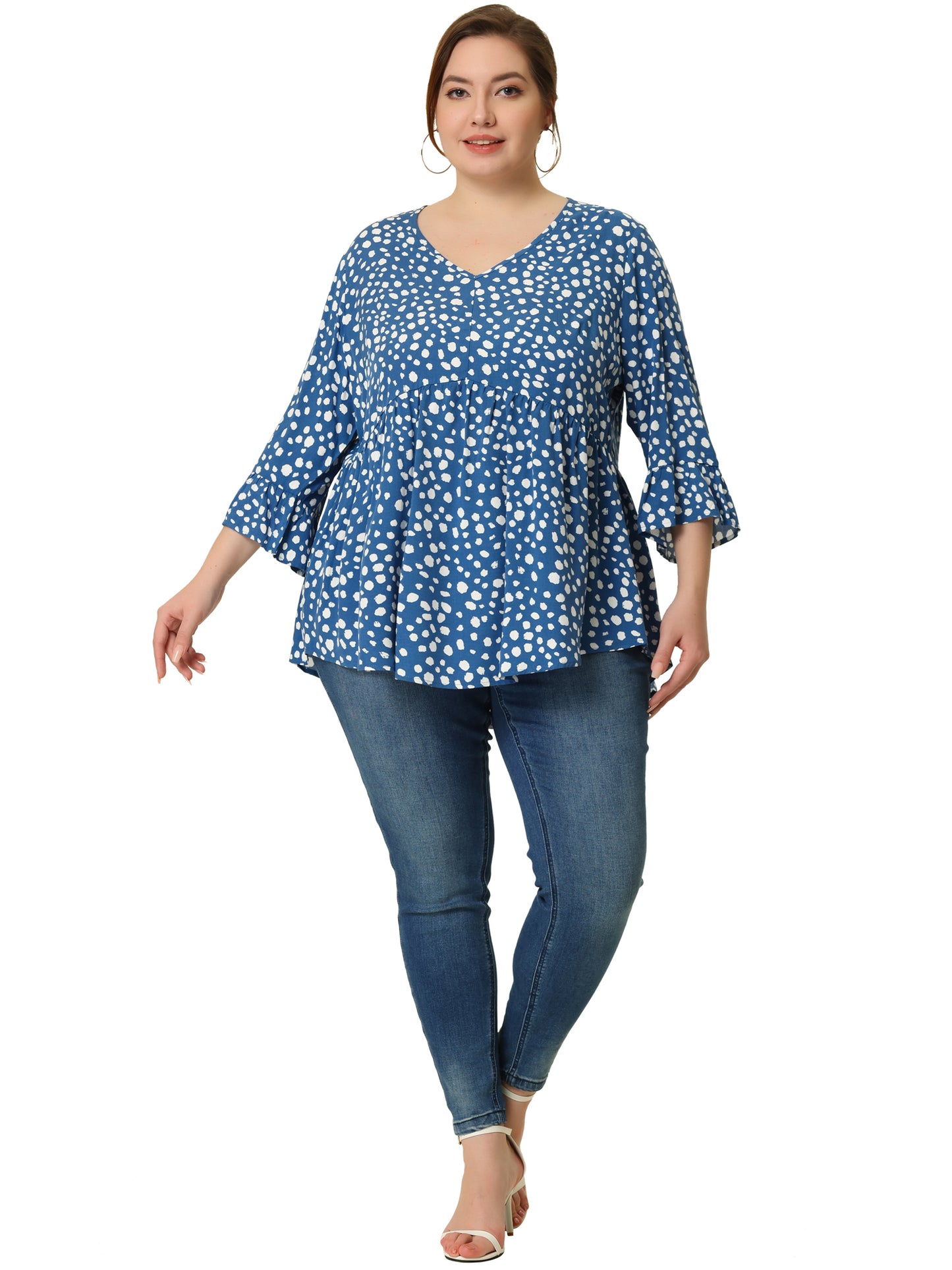 [PACK SALES] Women Plus Size 2 Pieces Blouse Babydoll Polka Dots 3/4 Sleeve Peplum Tops