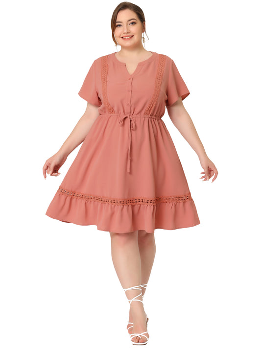 Vestido midi de verano con cuello en V y volantes, corte A, talla grande, para mujer