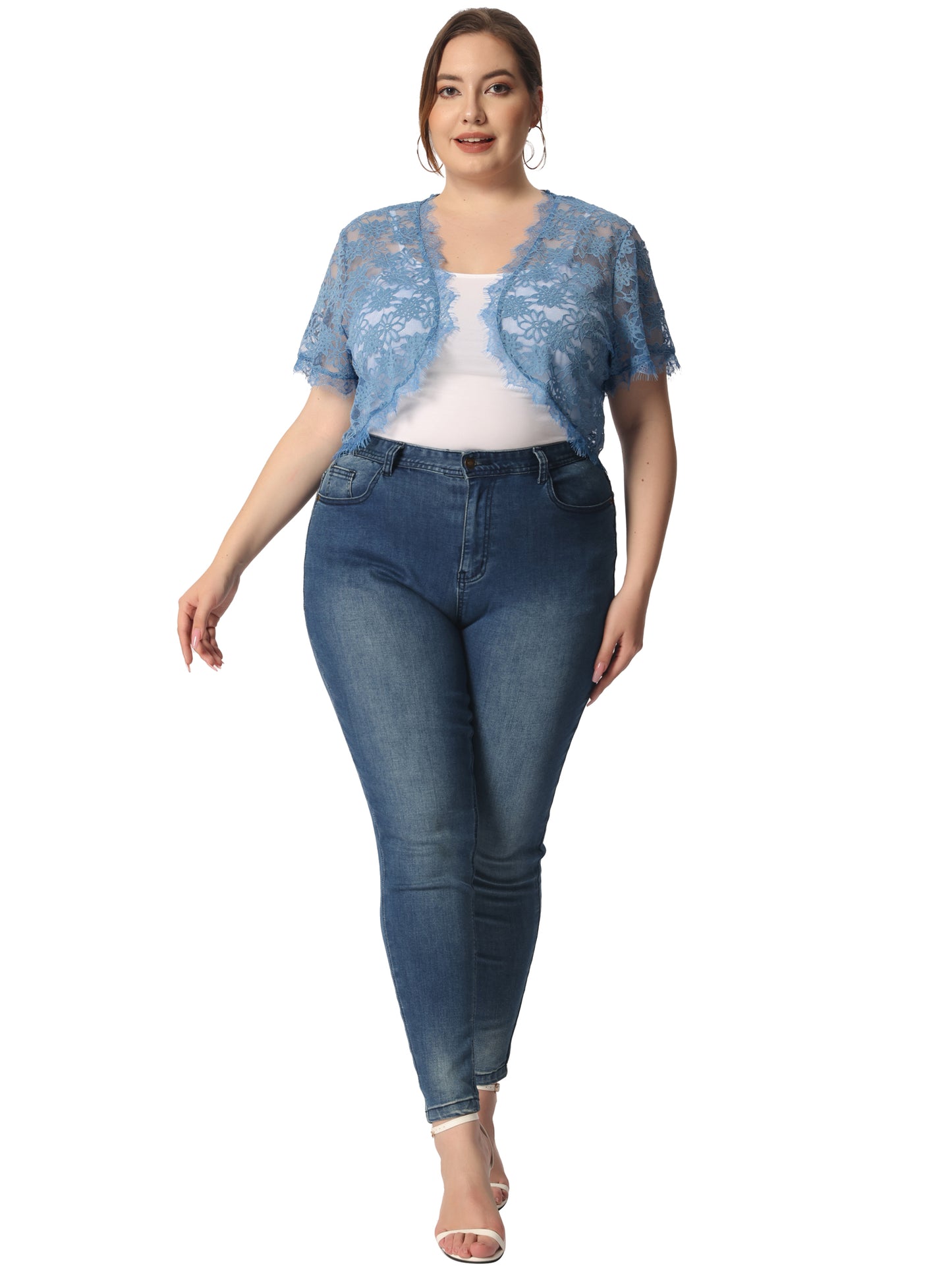 Women's Plus Size Elegant Short Sleeve Sheer Floral Lace Bolero Shrug Top