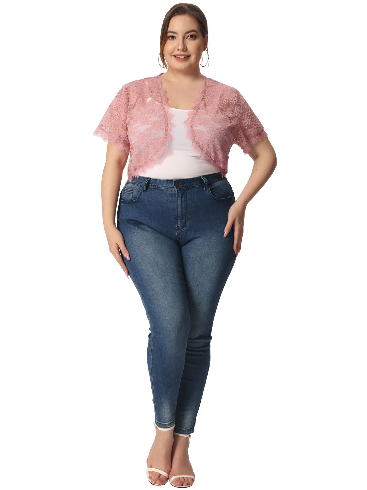 Women's Plus Size Elegant Short Sleeve Sheer Floral Lace Bolero Shrug Top