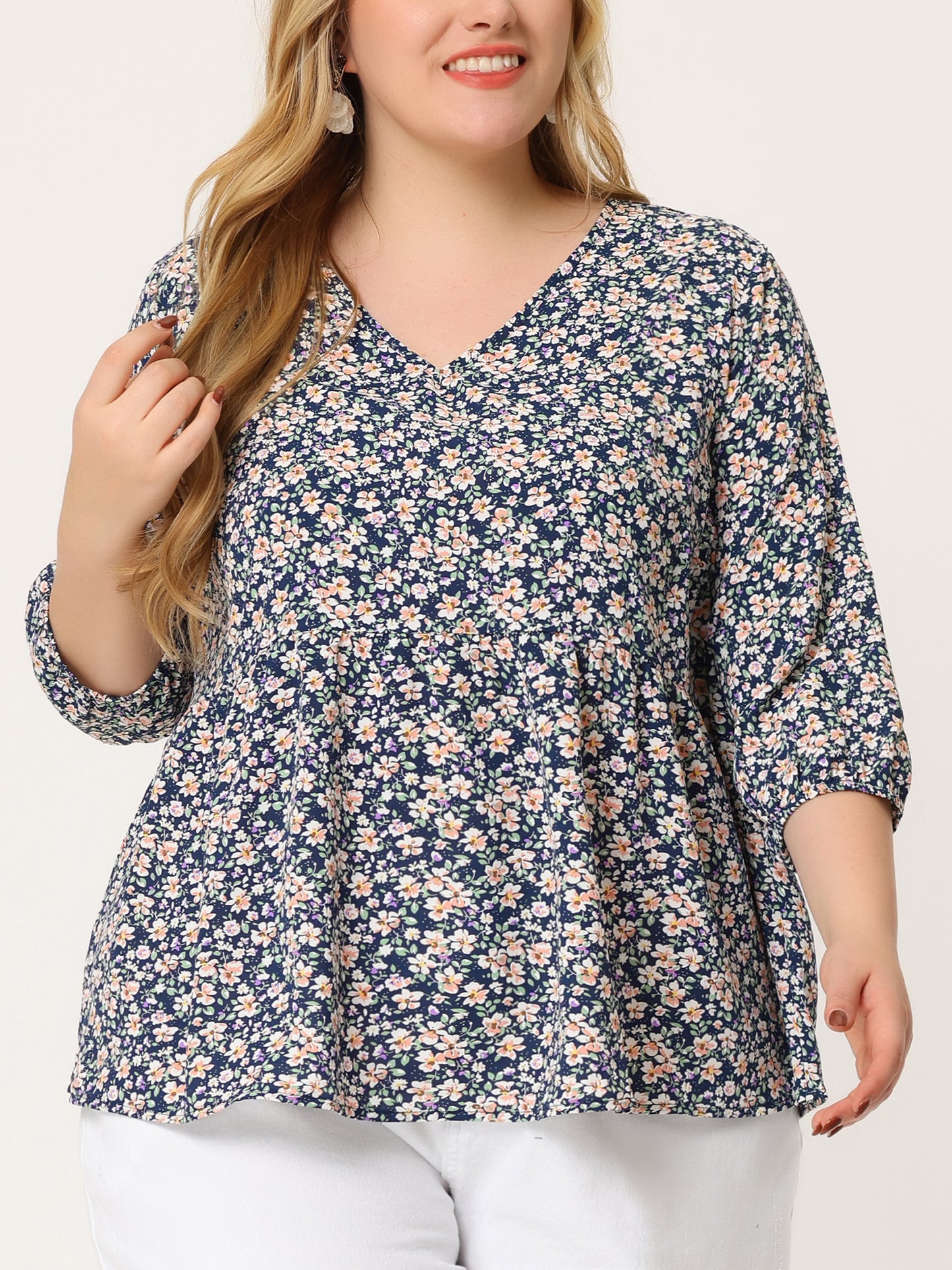Women's Plus Size Top V Neck Babydoll Flowy 3/4 Lantern Sleeve Floral Blouse