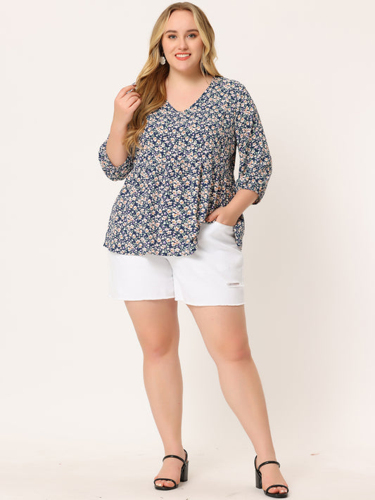Women's Plus Size Top V Neck Babydoll Flowy 3/4 Lantern Sleeve Floral Blouse