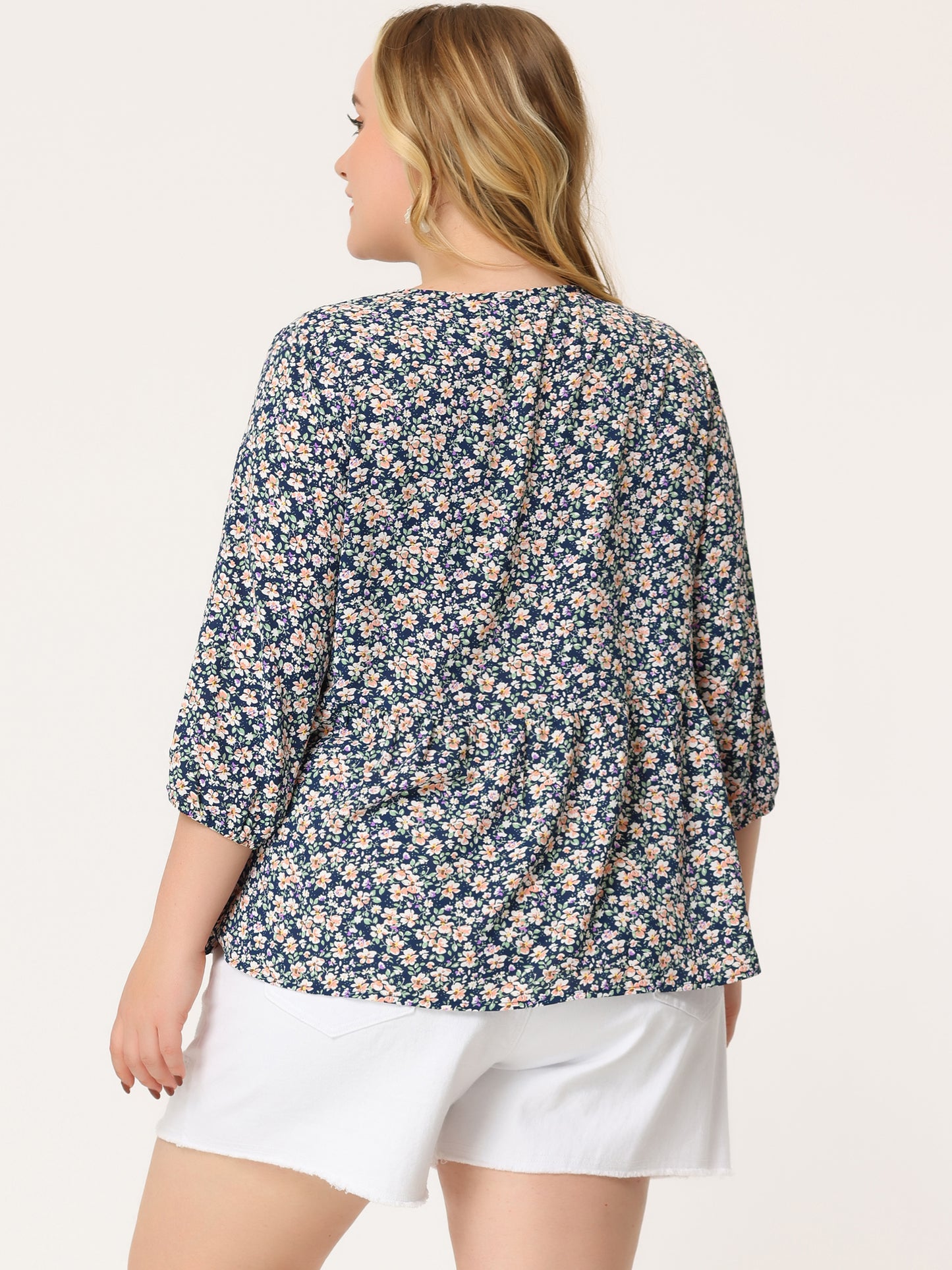 Women's Plus Size Top V Neck Babydoll Flowy 3/4 Lantern Sleeve Floral Blouse