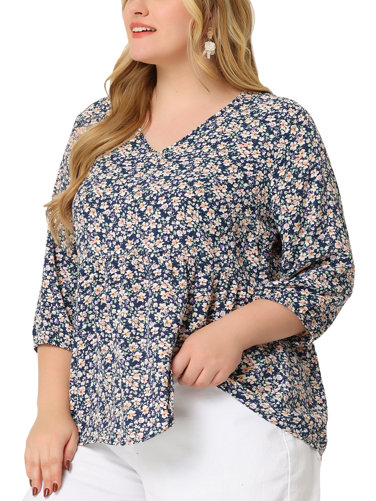 Women's Plus Size Top V Neck Babydoll Flowy 3/4 Lantern Sleeve Floral Blouse