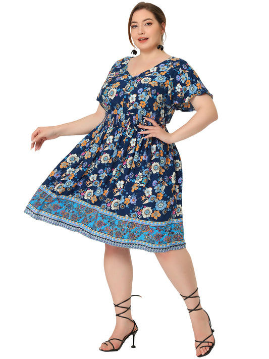 Women Plus Size Placed Pattern Bohemian Smock Waist V Neck Summer Midi Dress
