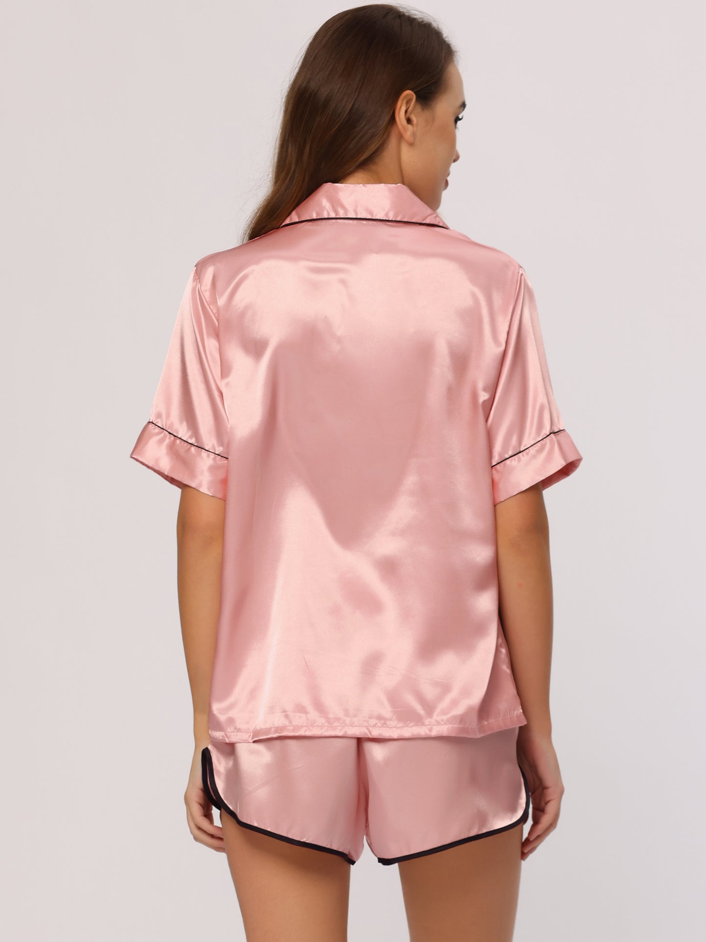 cheibear Satin 2pcs Lounge Sleepwear T-Shirt and Shorts Polka Dots Pajama Sets Pink
