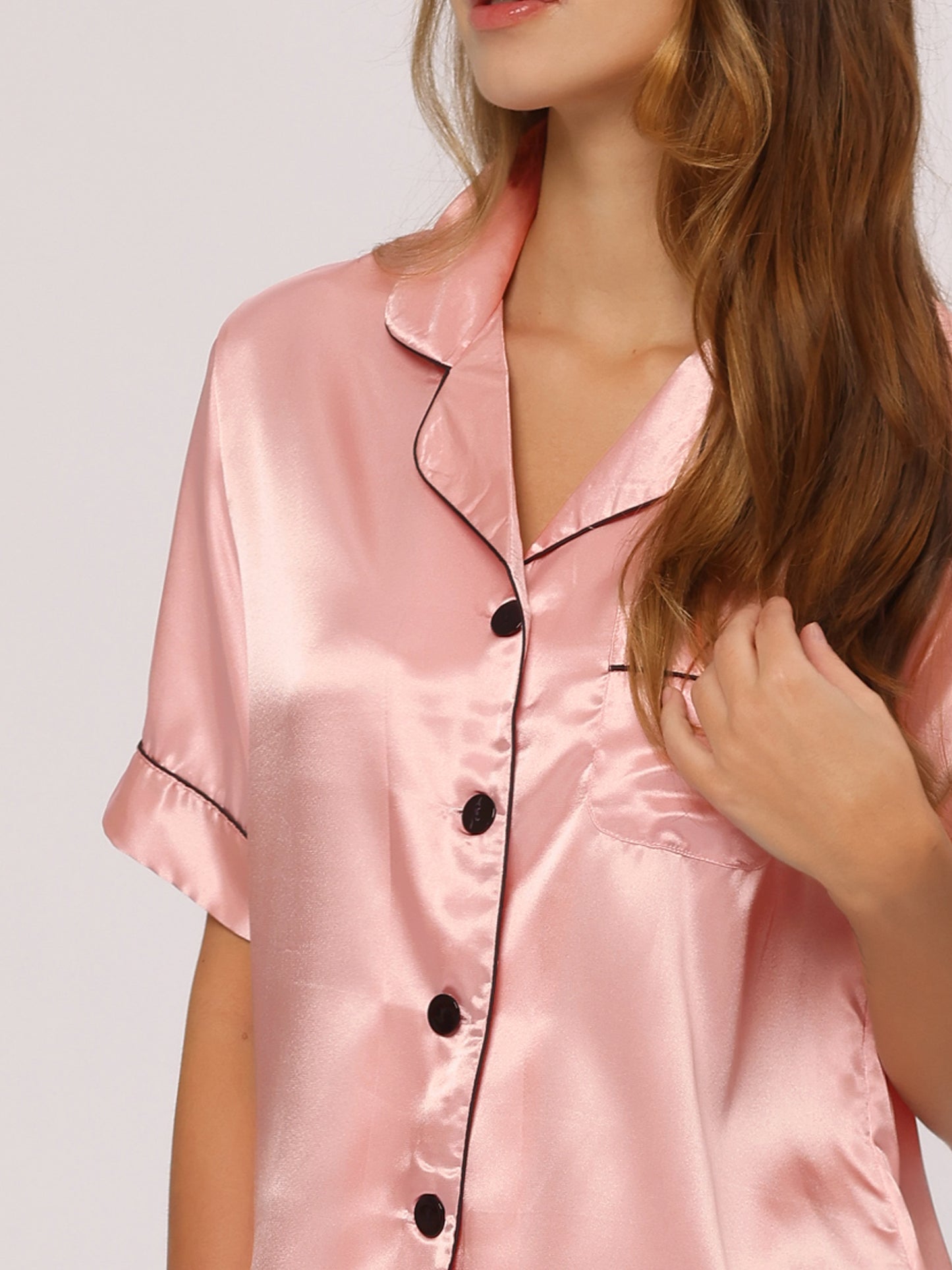 cheibear Satin 2pcs Lounge Sleepwear T-Shirt and Shorts Polka Dots Pajama Sets Pink