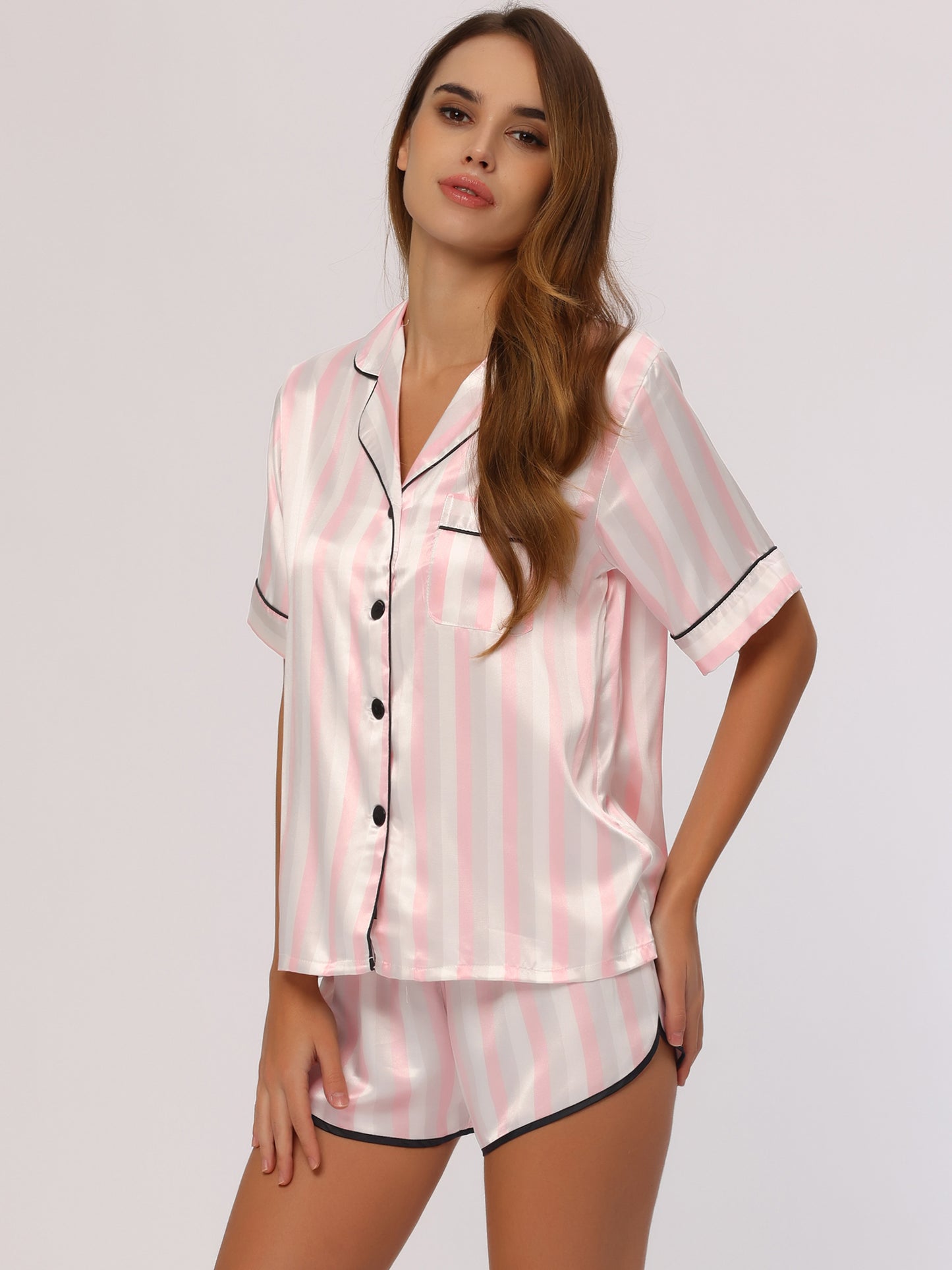 cheibear Satin 2pcs Lounge Sleepwear T-Shirt and Shorts Polka Dots Pajama Sets Pink-White
