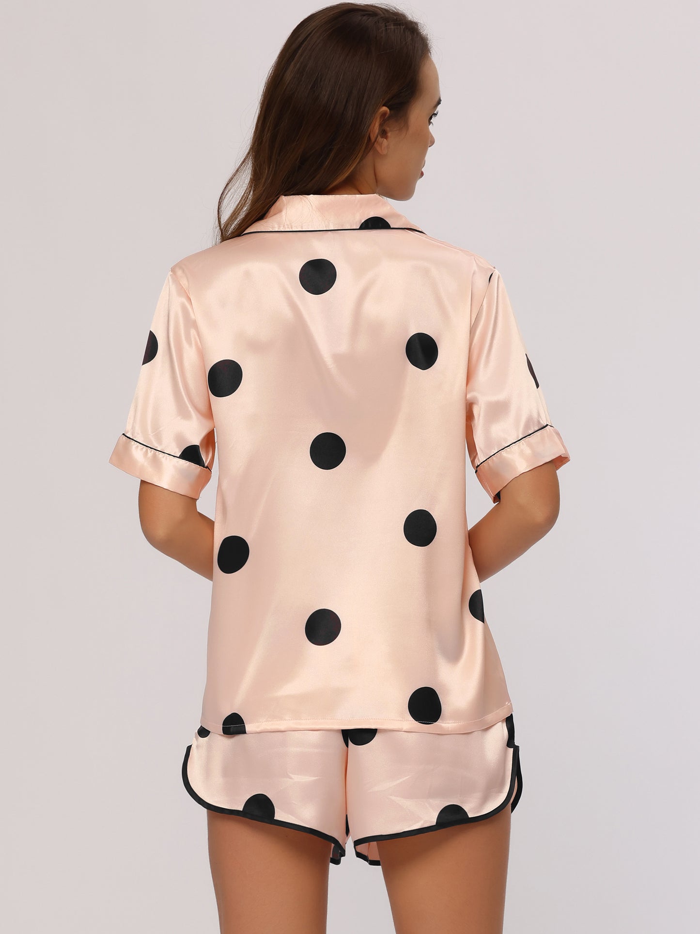 cheibear Satin 2pcs Lounge Sleepwear T-Shirt and Shorts Polka Dots Pajama Sets Champagne Pink