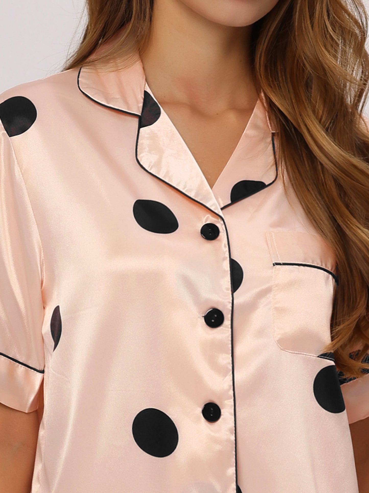 cheibear Satin 2pcs Lounge Sleepwear T-Shirt and Shorts Polka Dots Pajama Sets Champagne Pink