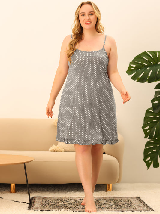 Women Plus Size Nightgown Sleeveless Sleepwear Polka Dots Ruffle Hem Cami Nightshirt