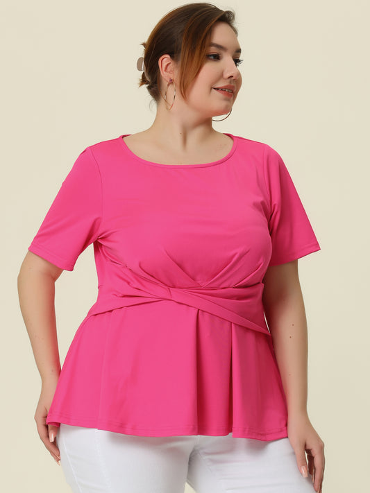 Women's Plus Size Short Sleeves Twisted Knot Front Peplum Top