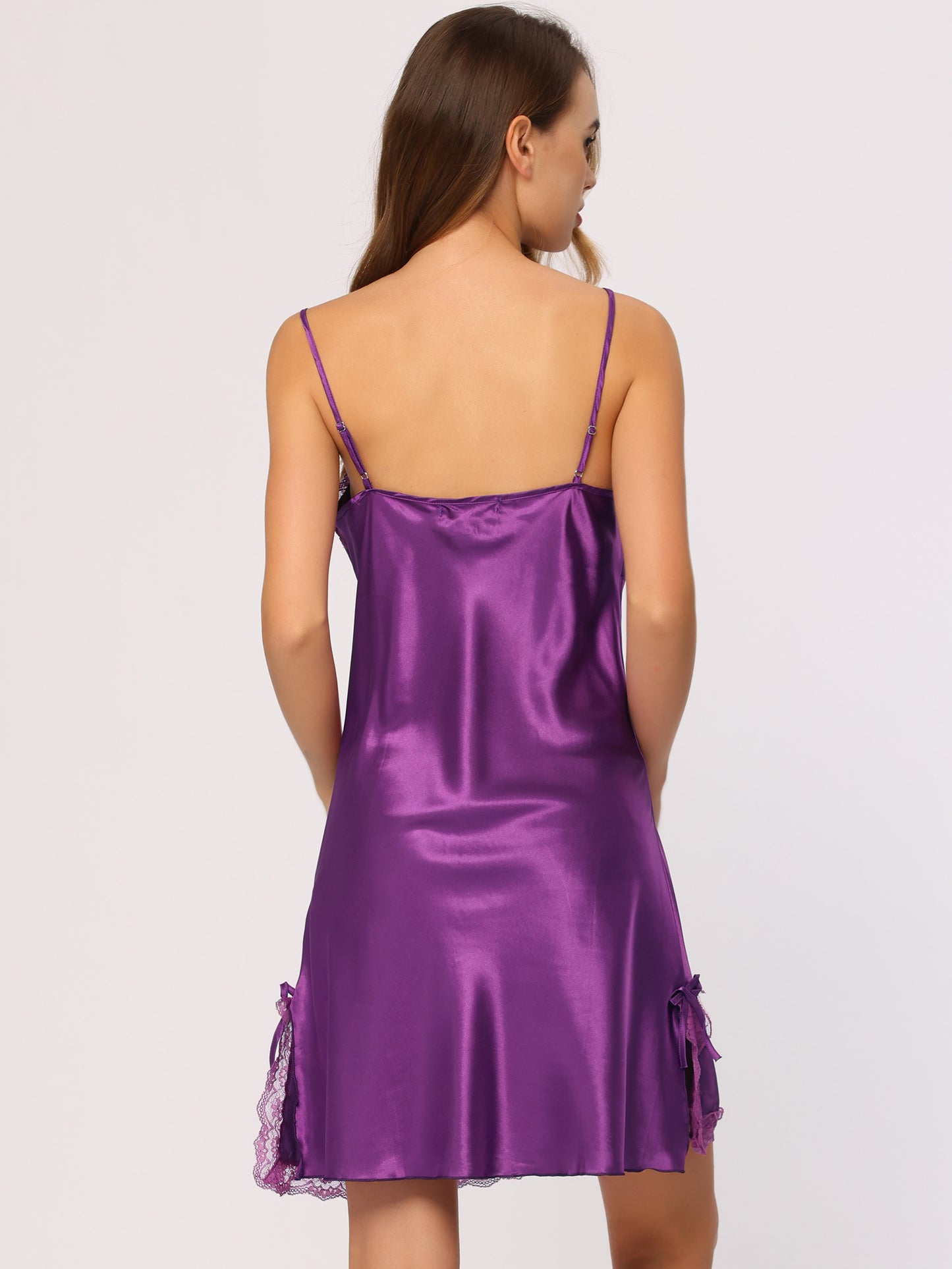 cheibear Satin Nightgown Cami Mini Spaghetti Lingerie Dress Dark Purple