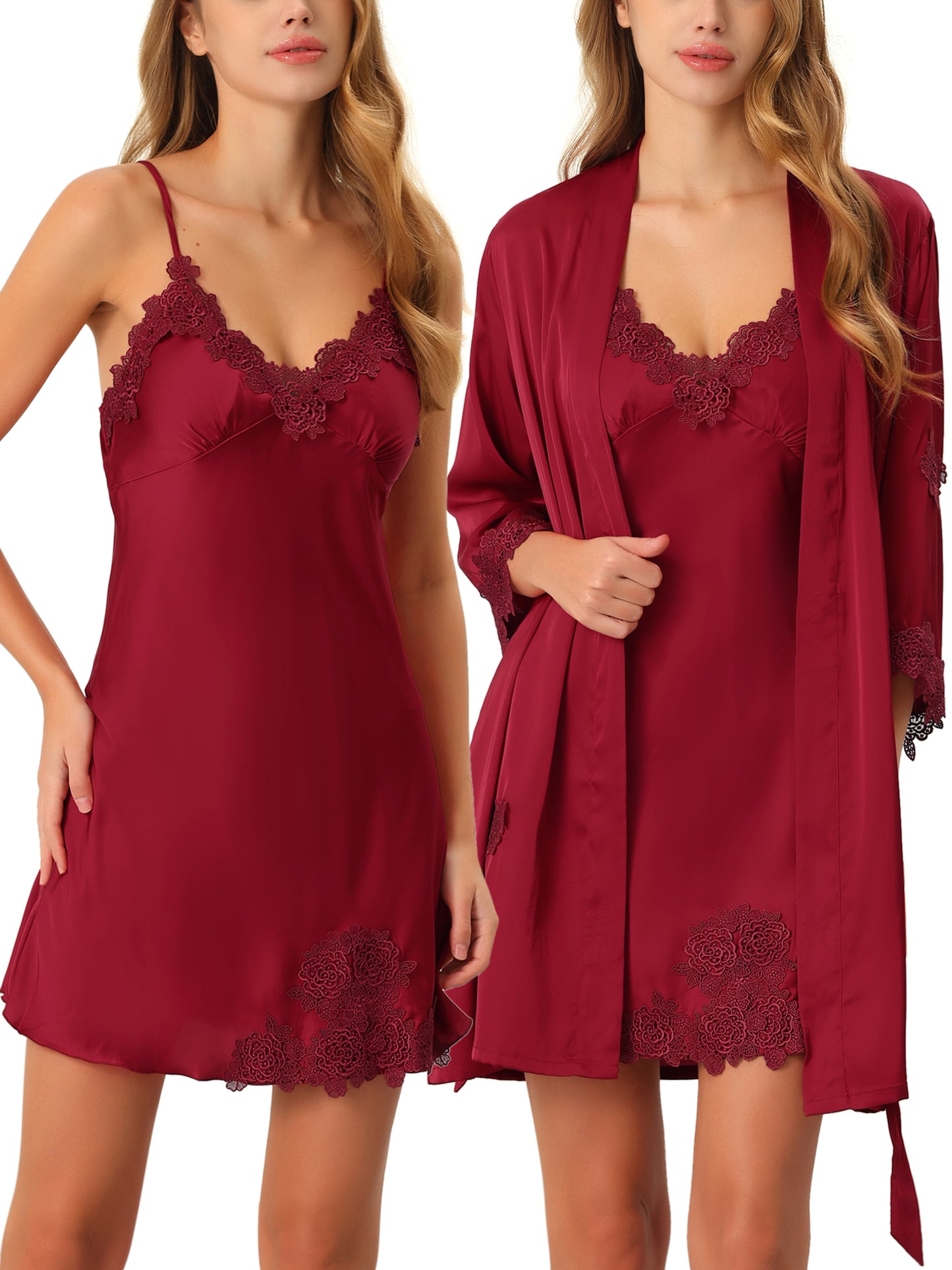 cheibear 2pcs Pajama Sleepwear Silk Cami Nightdress with Robe Satin Sets Red