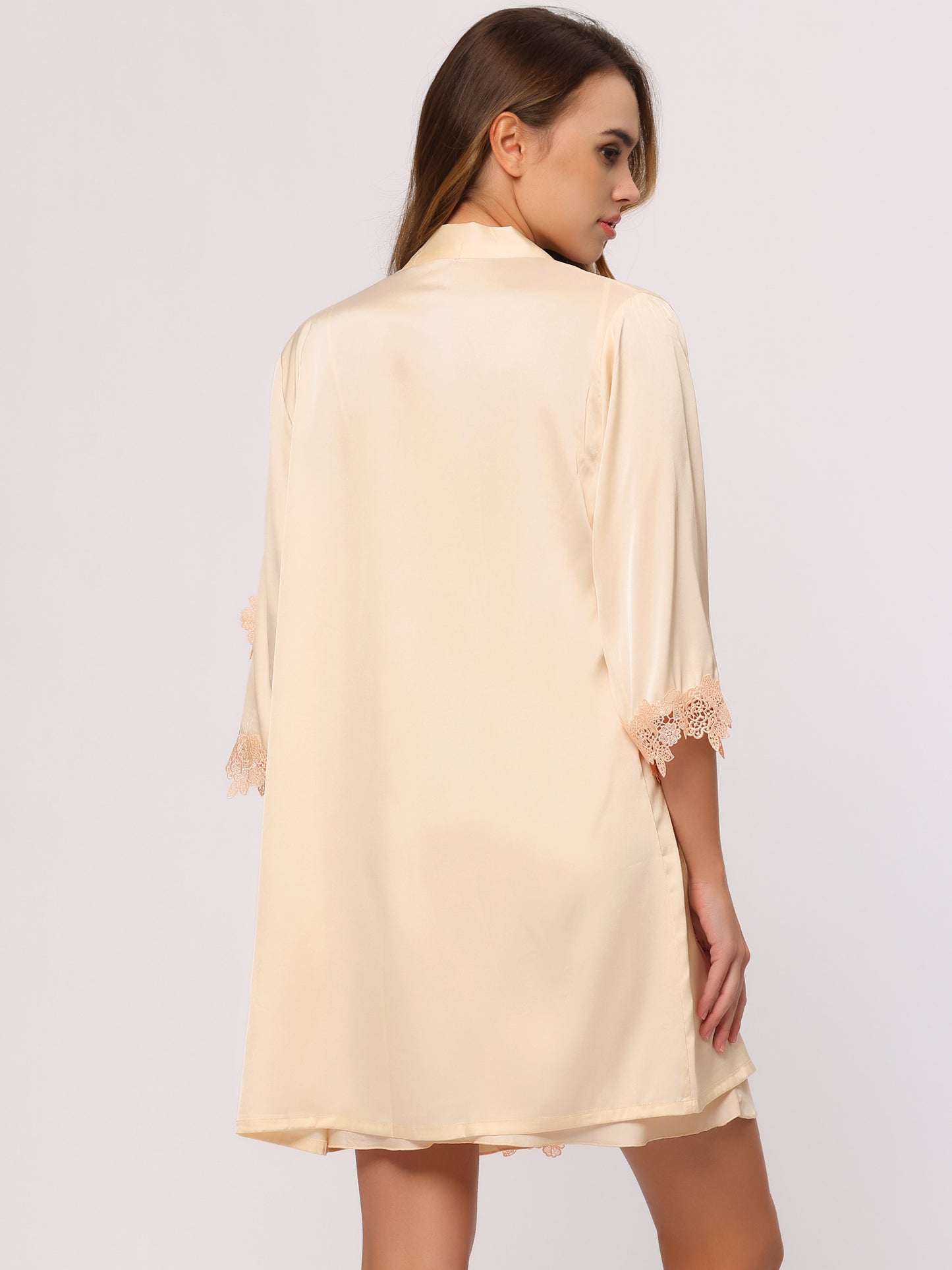 cheibear 2pcs Pajama Sleepwear Silk Cami Nightdress with Robe Satin Sets apricot