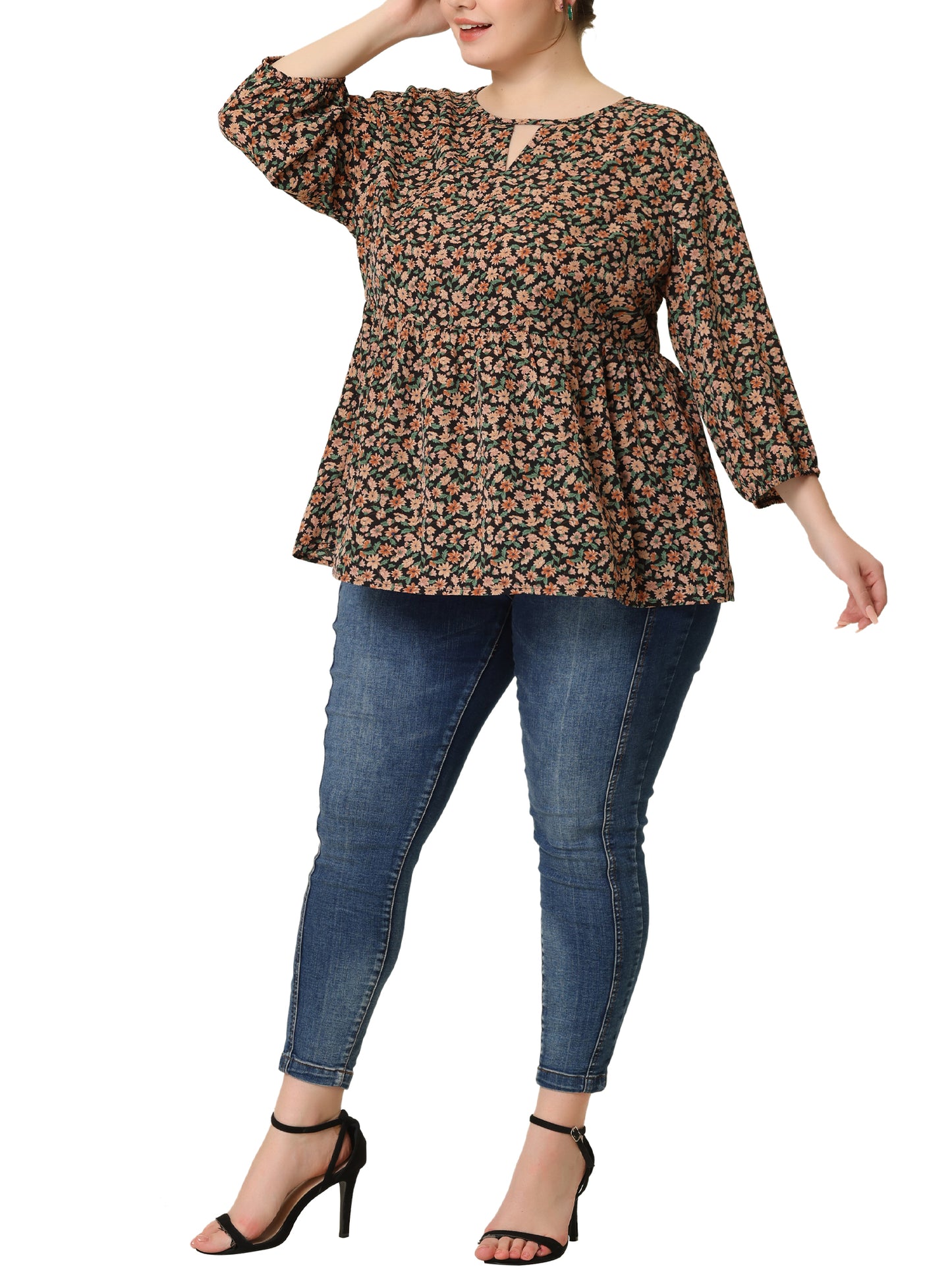 Women's Plus Size 3/4 Sleeves Babydoll Chiffon Keyhole Floral Flowy Blouse