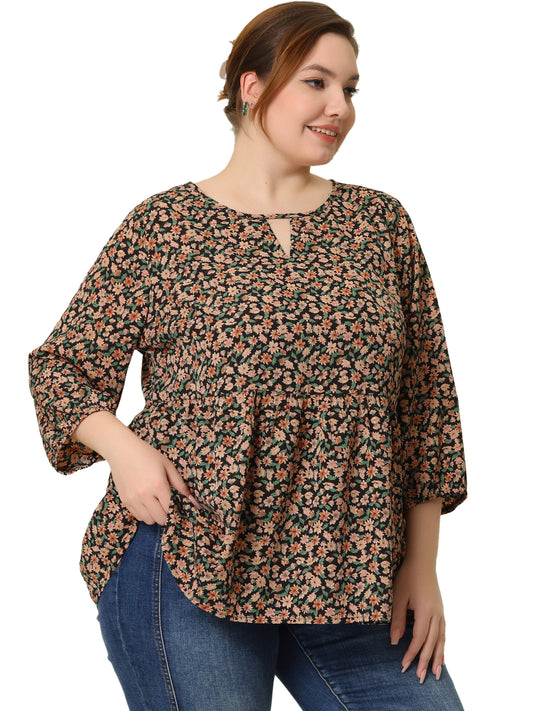 Women's Plus Size 3/4 Sleeves Babydoll Chiffon Keyhole Floral Flowy Blouse