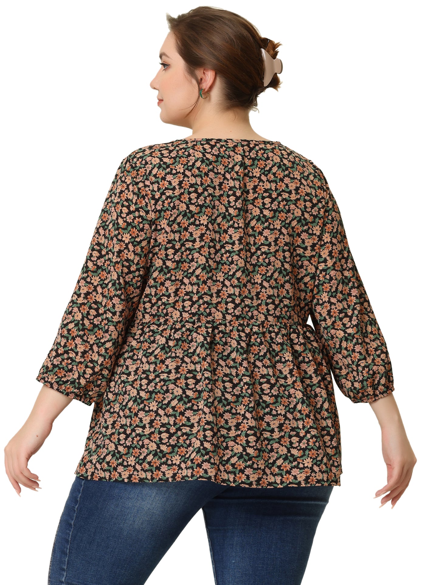 Women's Plus Size 3/4 Sleeves Babydoll Chiffon Keyhole Floral Flowy Blouse