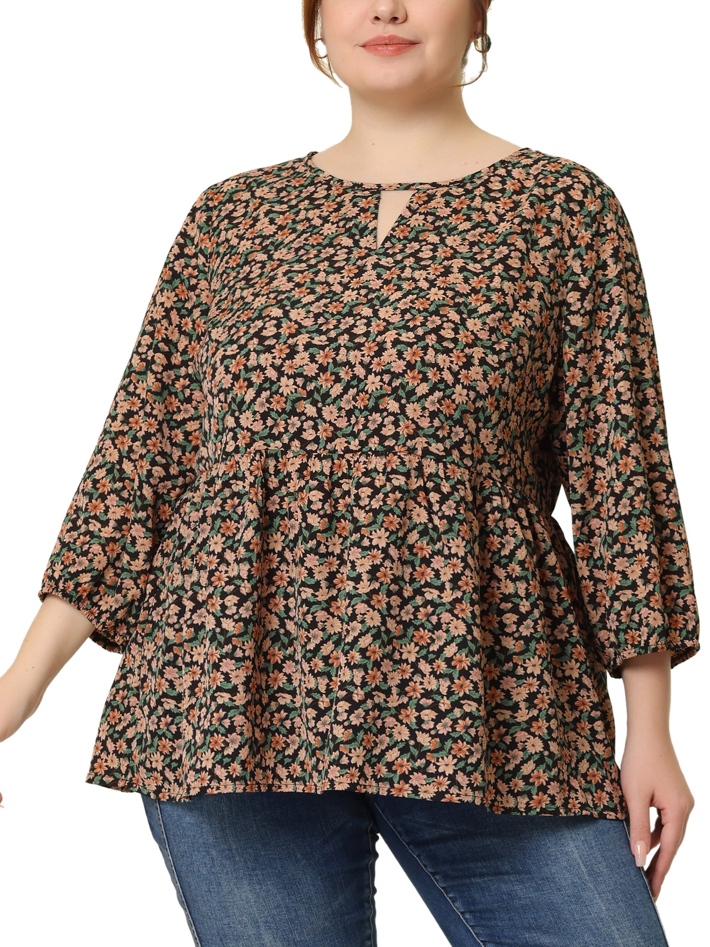 Women's Plus Size 3/4 Sleeves Babydoll Chiffon Keyhole Floral Flowy Blouse