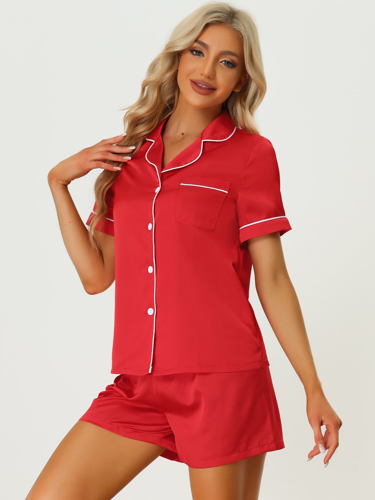 cheibear Pajama Loungewear Short Sleeves Button Down Satin Pj Sets Red
