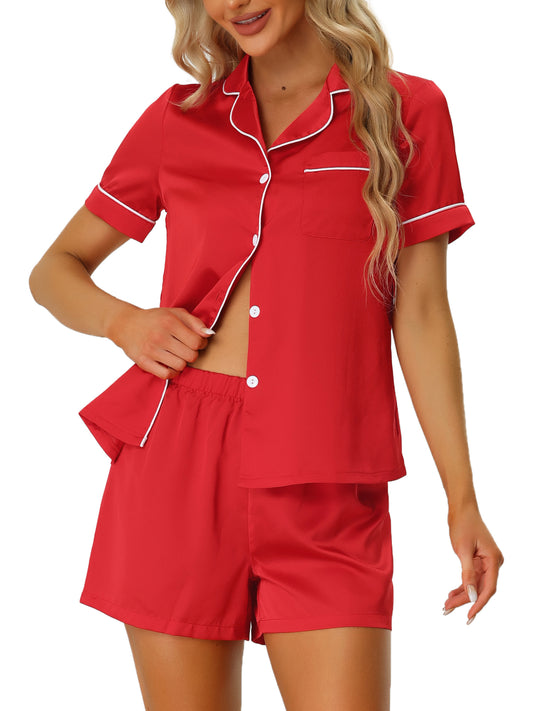 cheibear Pajama Loungewear Short Sleeves Button Down Satin Pj Sets Red