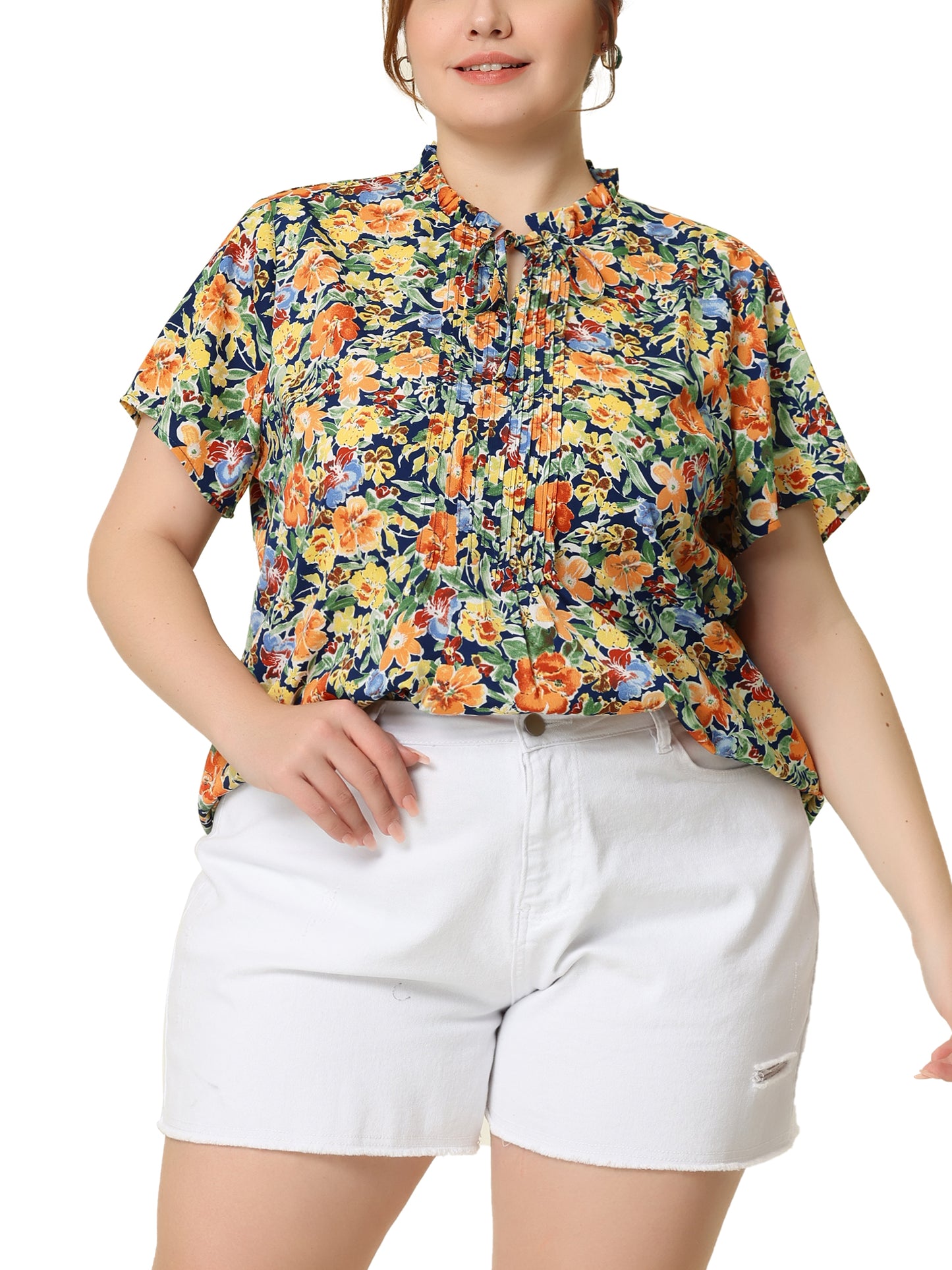 Women Plus Size Tie Neck Short Sleeve Pleated Floral Summer Blouse