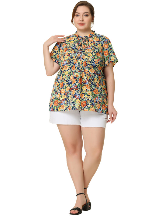 Women Plus Size Tie Neck Short Sleeve Pleated Floral Summer Blouse