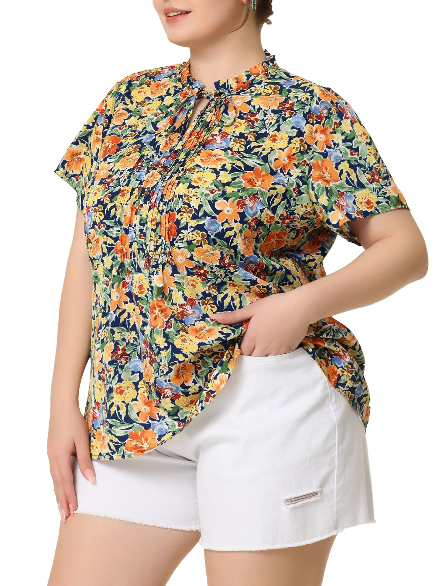 Women Plus Size Tie Neck Short Sleeve Pleated Floral Summer Blouse