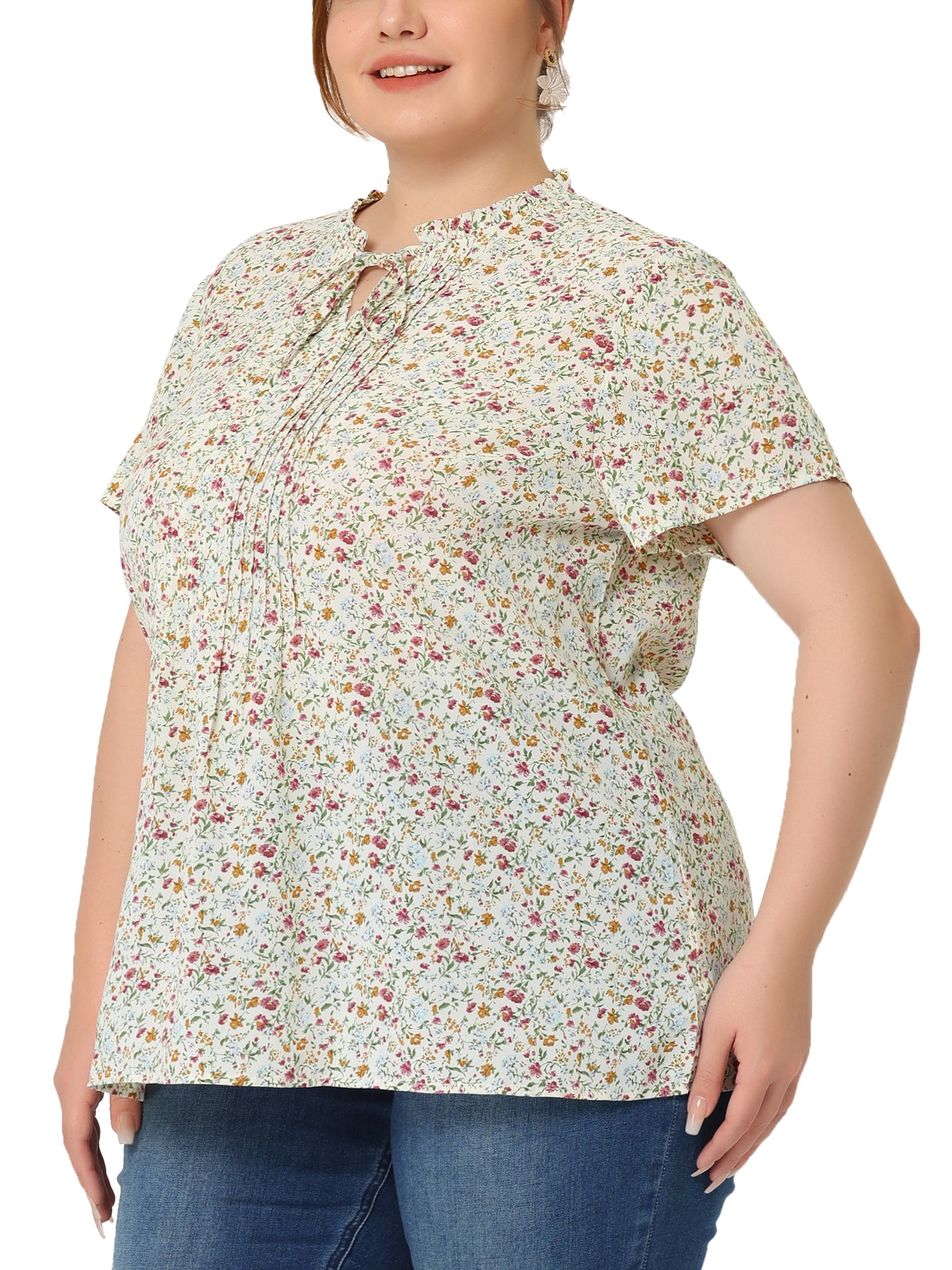 Women Plus Size Tie Neck Short Sleeve Pleated Floral Summer Blouse