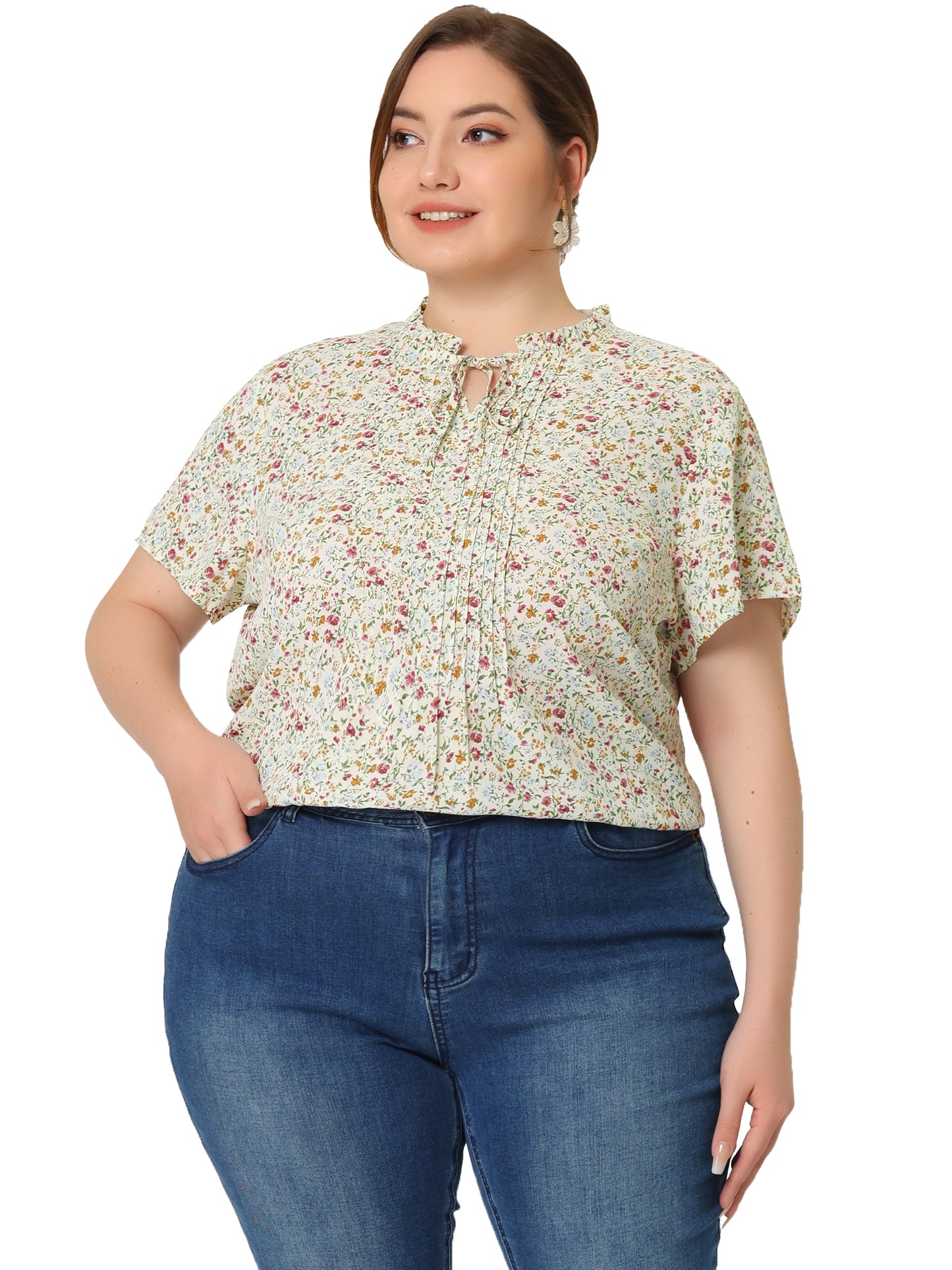 Women Plus Size Tie Neck Short Sleeve Pleated Floral Summer Blouse