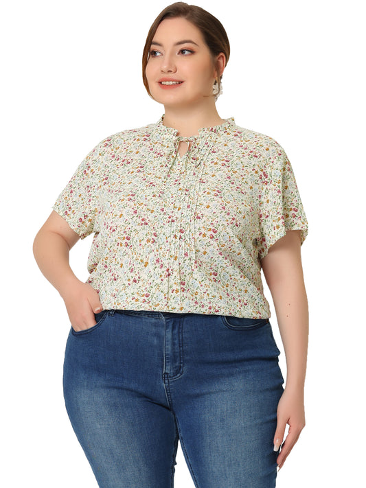 Women Plus Size Tie Neck Short Sleeve Pleated Floral Summer Blouse