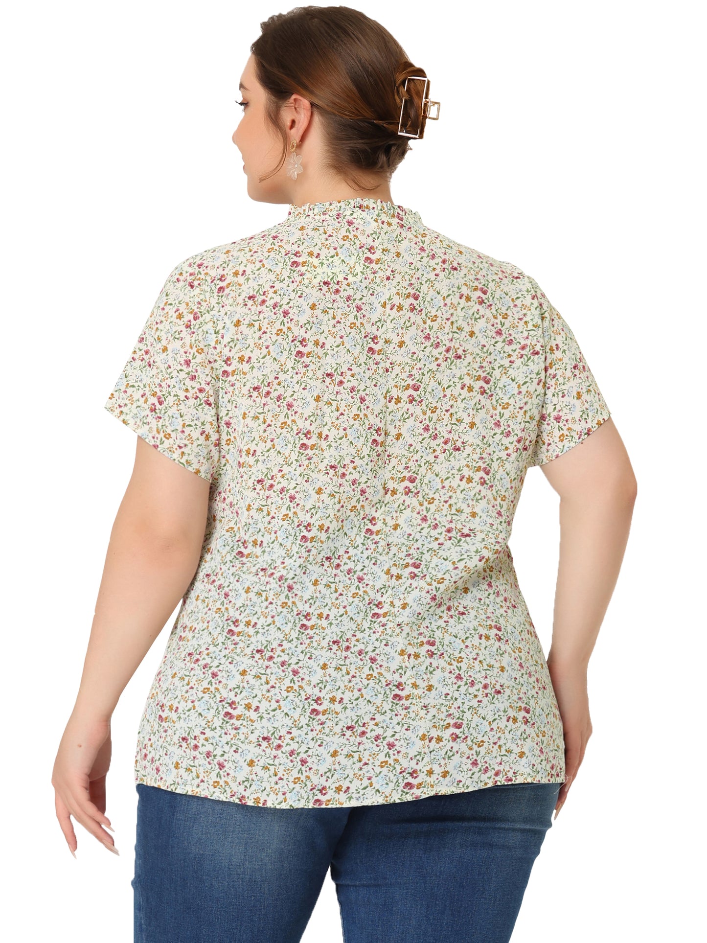 Women Plus Size Tie Neck Short Sleeve Pleated Floral Summer Blouse