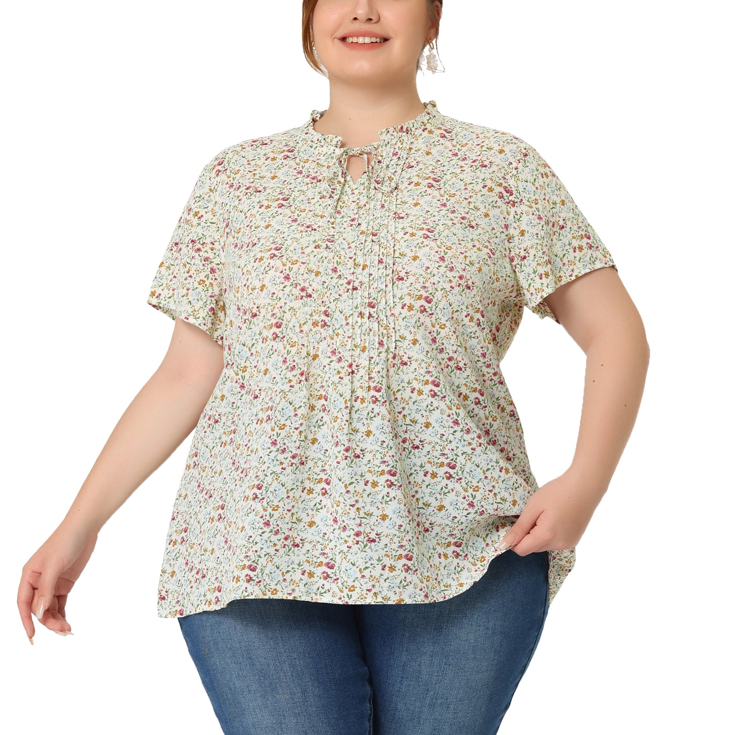 Women Plus Size Tie Neck Short Sleeve Pleated Floral Summer Blouse