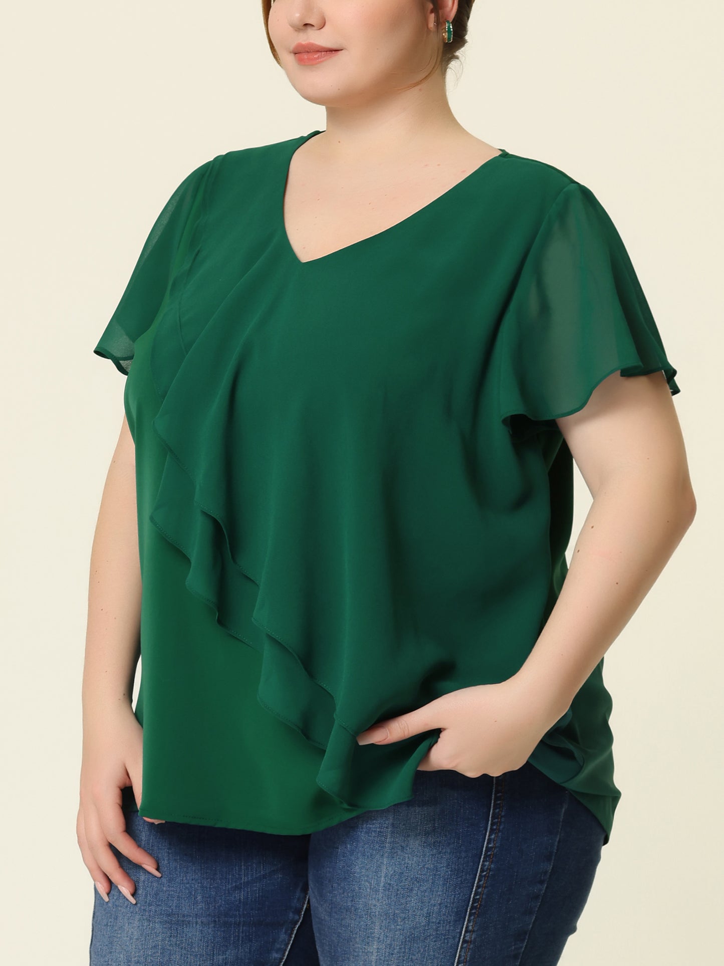 Women Plus Size Flutter Sleeves Tops V Neck Layer Chiffon Blouse Ruffle Top