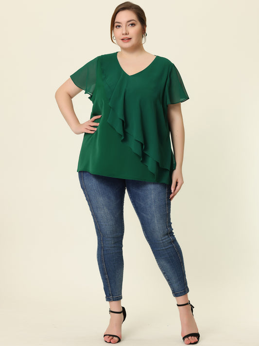Women Plus Size Flutter Sleeves Tops V Neck Layer Chiffon Blouse Ruffle Top