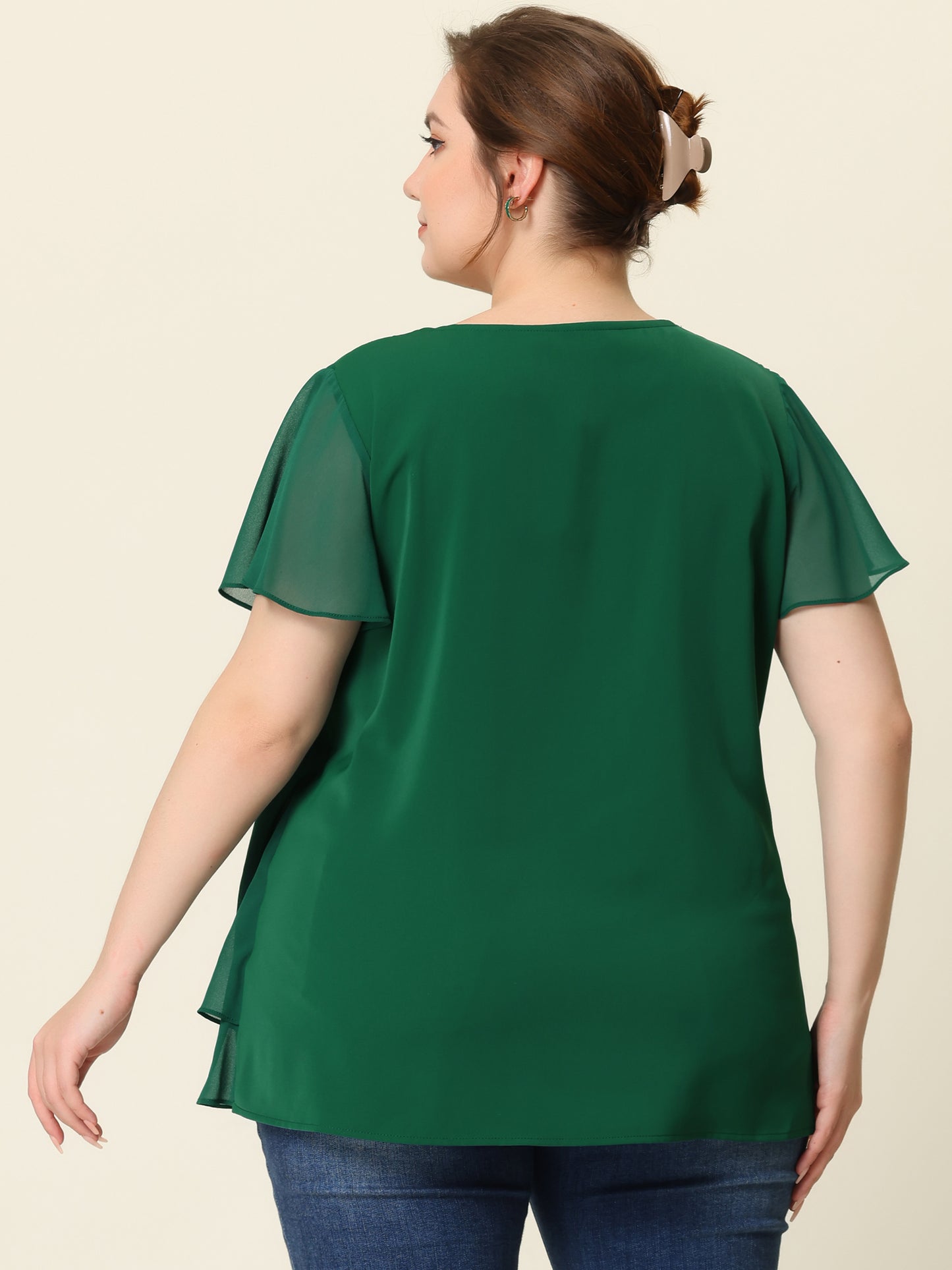 Women Plus Size Flutter Sleeves Tops V Neck Layer Chiffon Blouse Ruffle Top