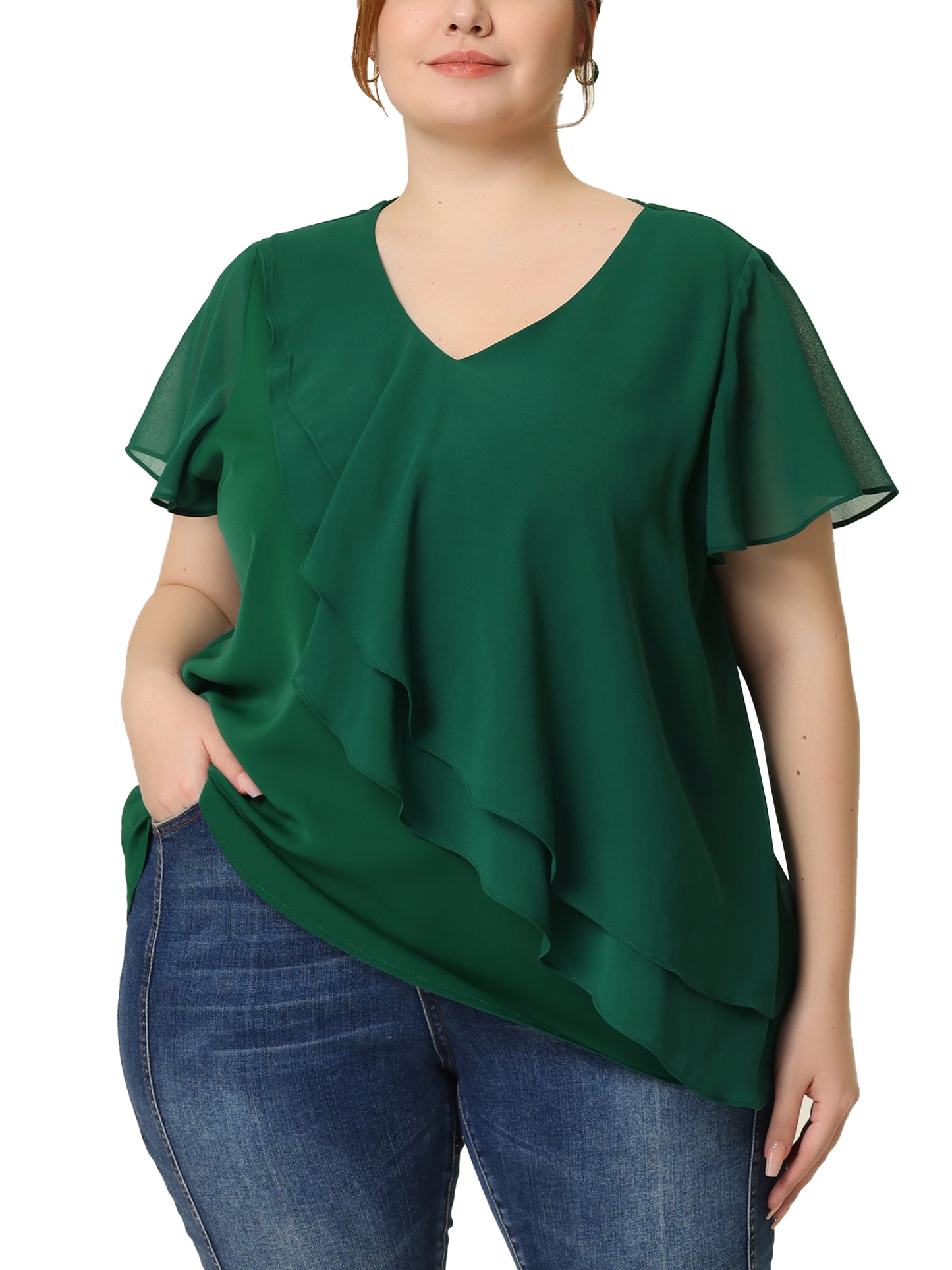 Women Plus Size Flutter Sleeves Tops V Neck Layer Chiffon Blouse Ruffle Top