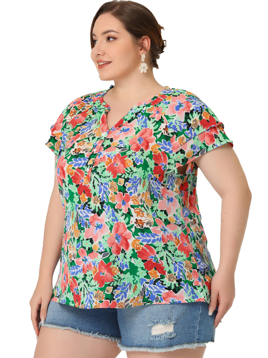 Women's Plus Size Top Floral Printed Ruffle Trim V Neck Layered Sleeve Blouse