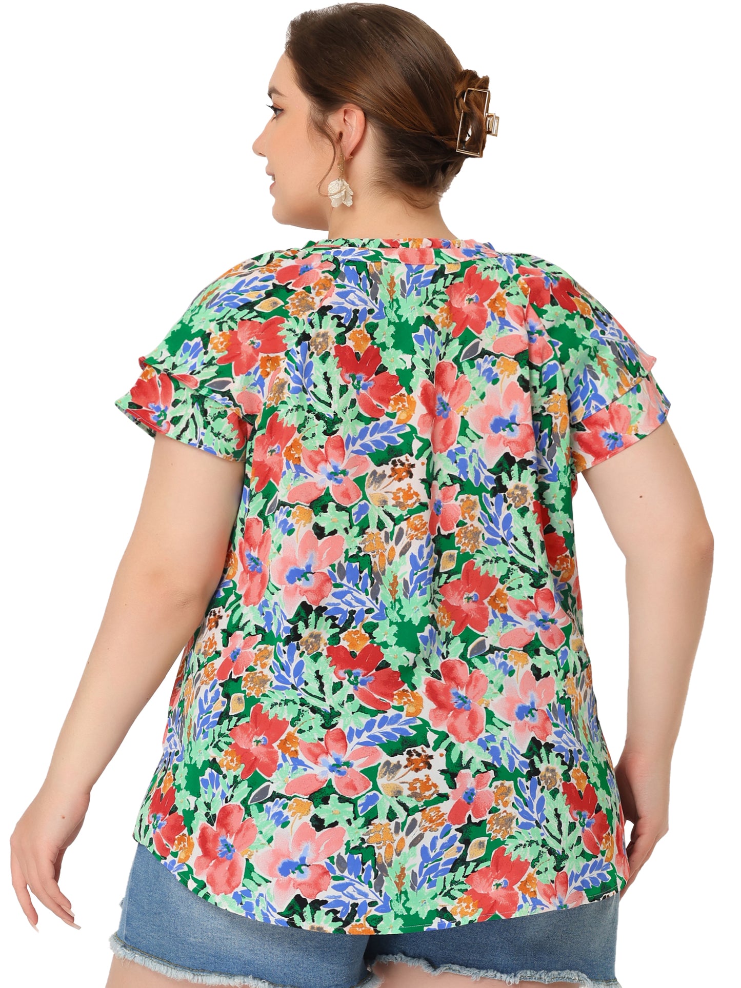 Women's Plus Size Top Floral Printed Ruffle Trim V Neck Layered Sleeve Blouse