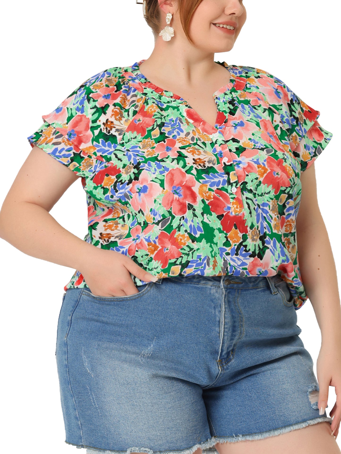 Women's Plus Size Top Floral Printed Ruffle Trim V Neck Layered Sleeve Blouse