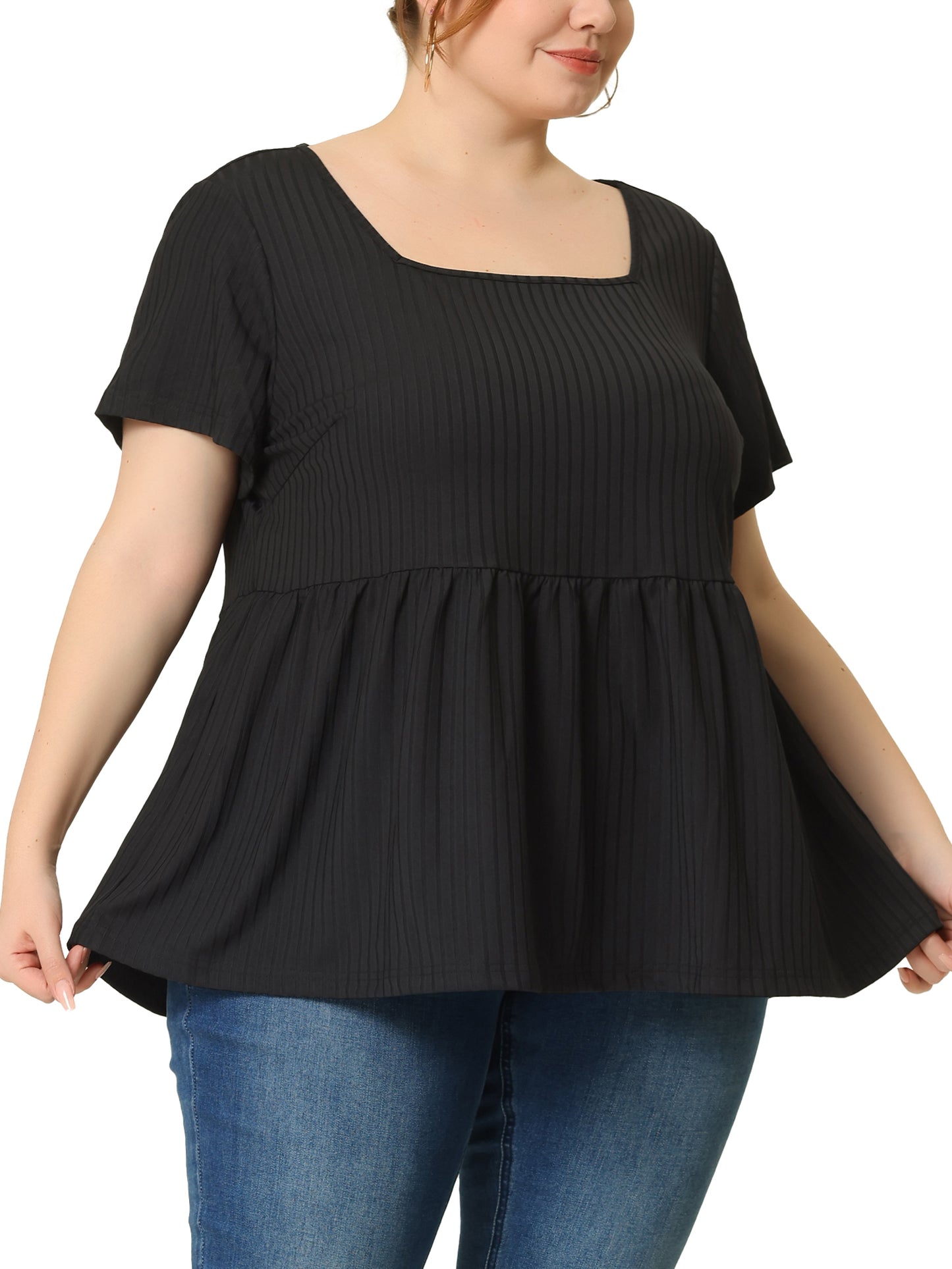 Women's Plus Size Tee Shirts Square Neck Textured Printed Peplum Summer Short Sleeve Top