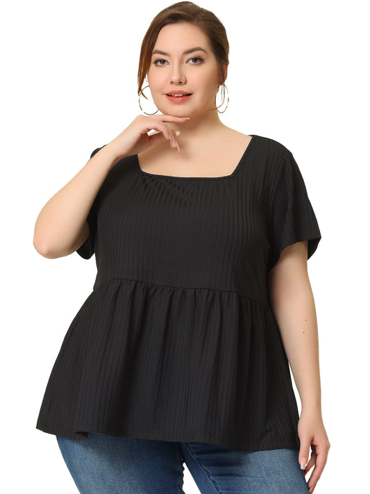 Women's Plus Size Tee Shirts Square Neck Textured Printed Peplum Summer Short Sleeve Top