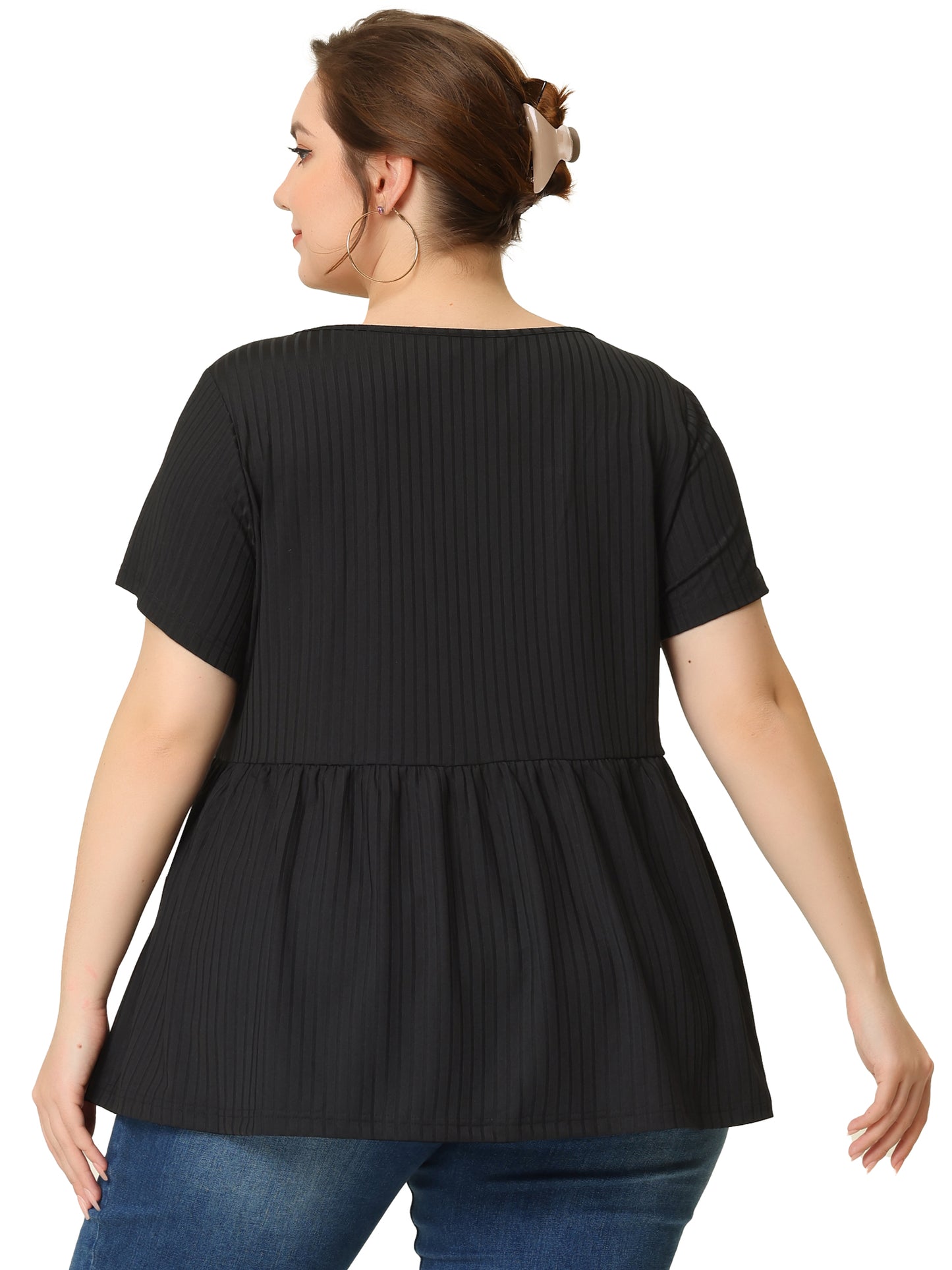 Women's Plus Size Tee Shirts Square Neck Textured Printed Peplum Summer Short Sleeve Top