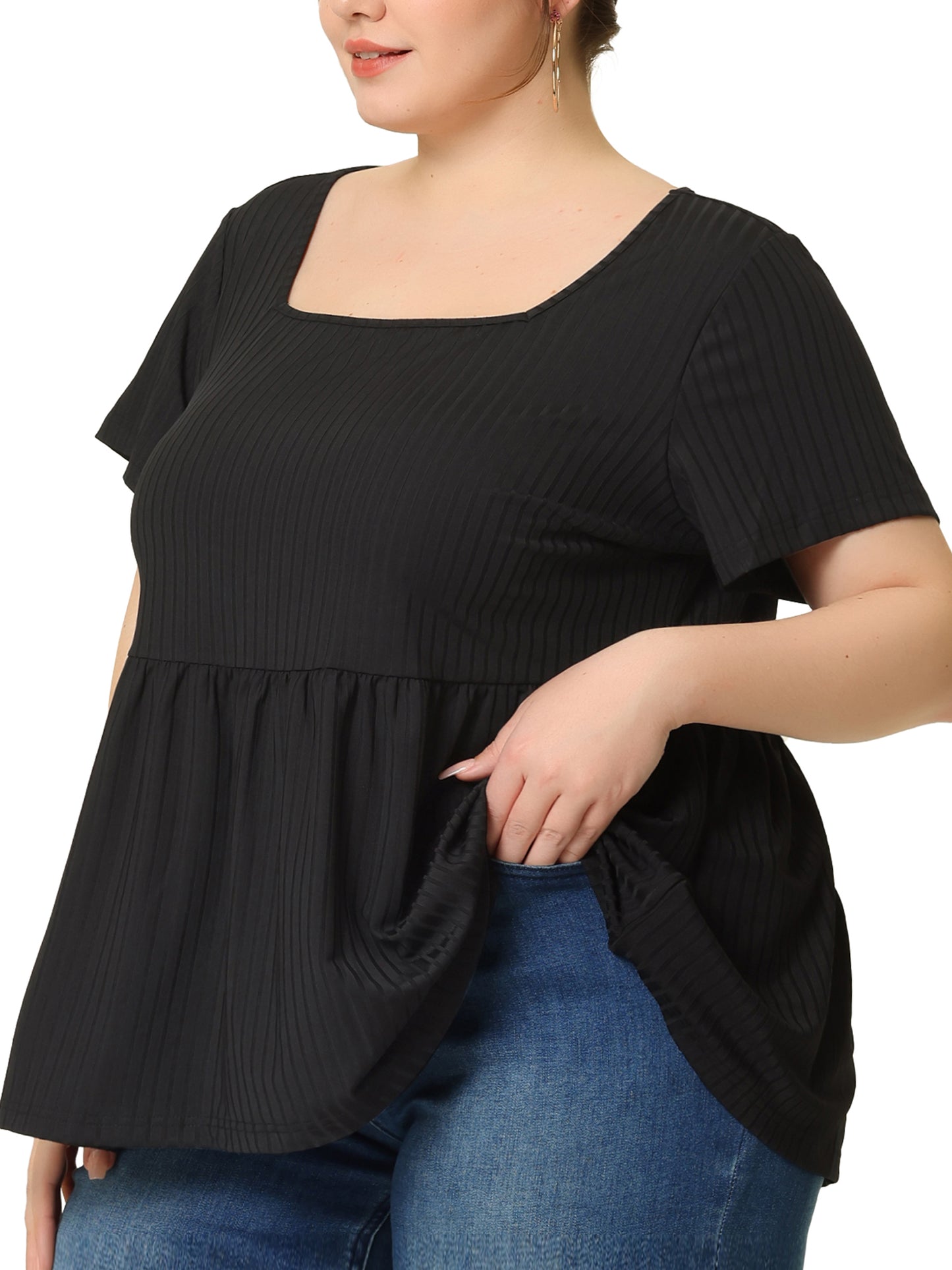 Women's Plus Size Tee Shirts Square Neck Textured Printed Peplum Summer Short Sleeve Top