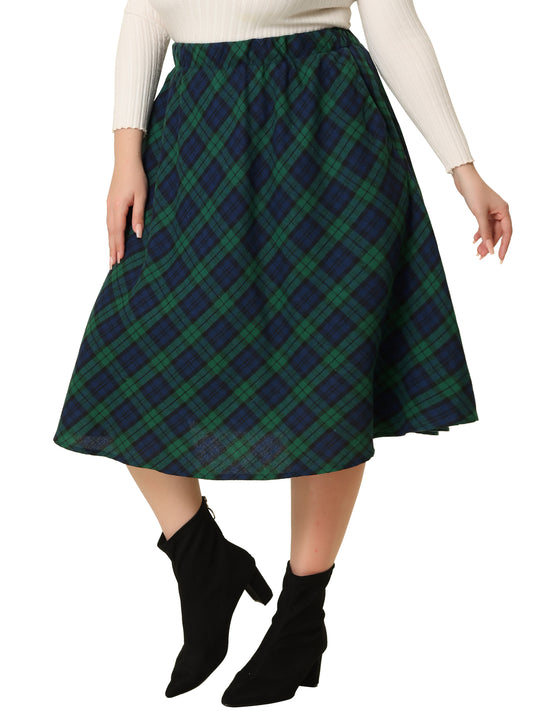 Falda vintage de talla grande para mujer, corte A, estampado a cuadros, acampanada, elástica, cintura alta, midi