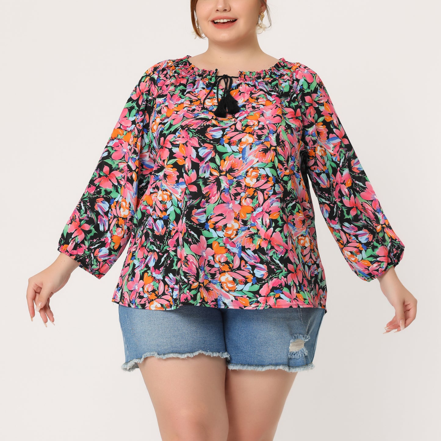 Women's Casual Plus Size Boho Floral Loose Tops Tie 3/4 Sleeve Beach Tunic Blouse